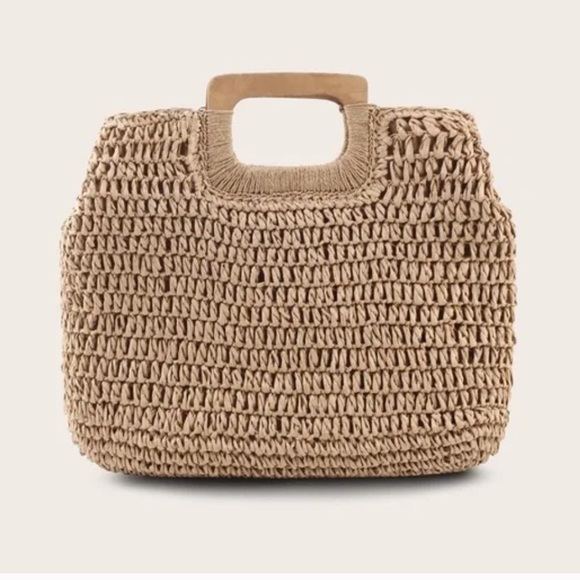 Boho cream khaki straw bag wood handle tote - Picture 4 of 6